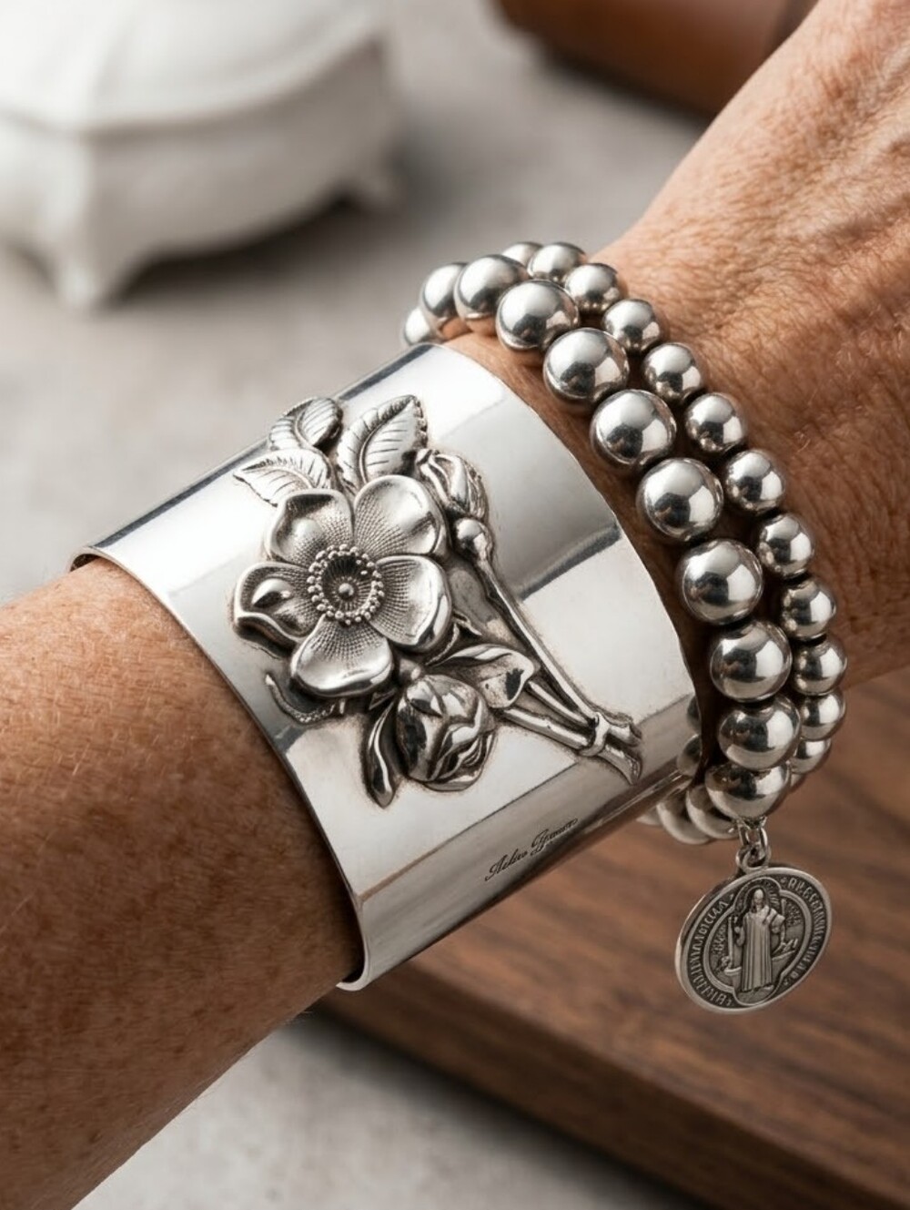 Silver Floral Vintage Cuff Bracelet